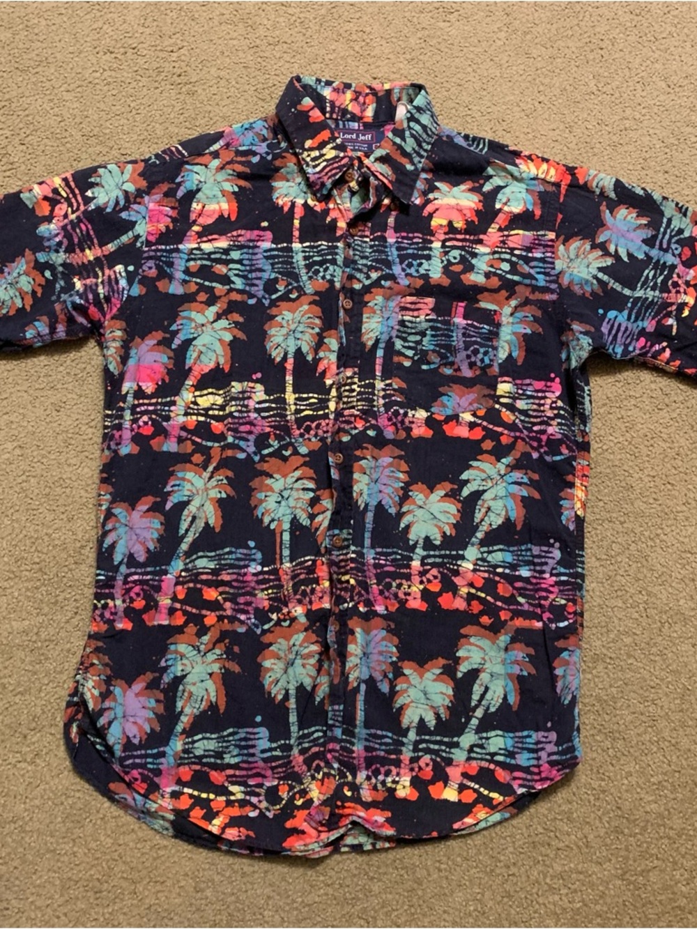 Lord Jeff Hawaiian Shirt Mens M Blue Rainbow Palm Trees Vintage USA Tropical